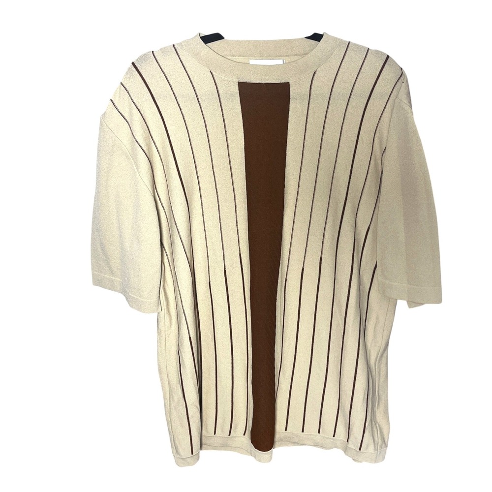 Smash Mens Large Tan Brown Retro Stripe Short Sleeve Knit Sweater Crew Neck 70s